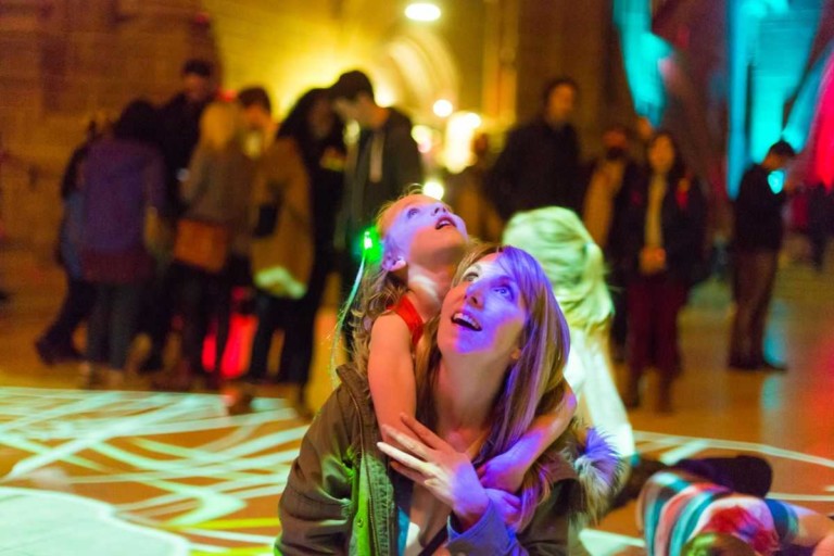Mother and Daughter appreciating light exhibition at Liverpool Light Night