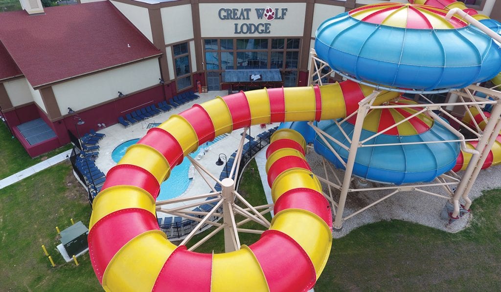 landscape image of the outside of a great wolf lodge and the behemoth bowl 40