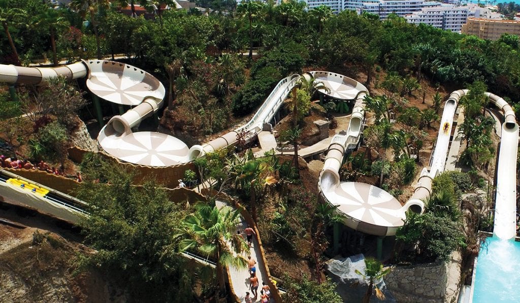 Arial view of a beige hybrid water slide on a hill