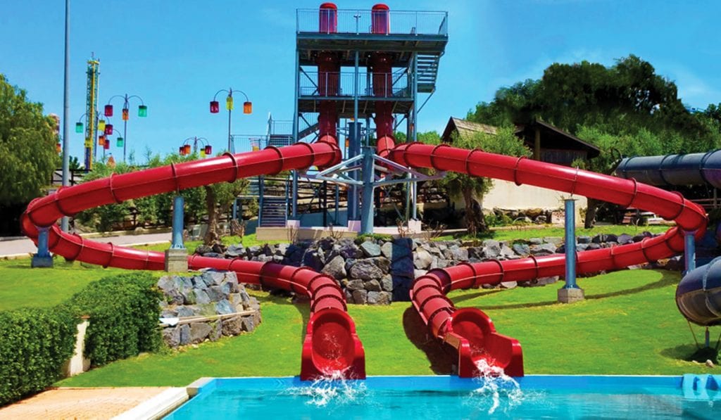 Landscape image of two red looping superloop water slides