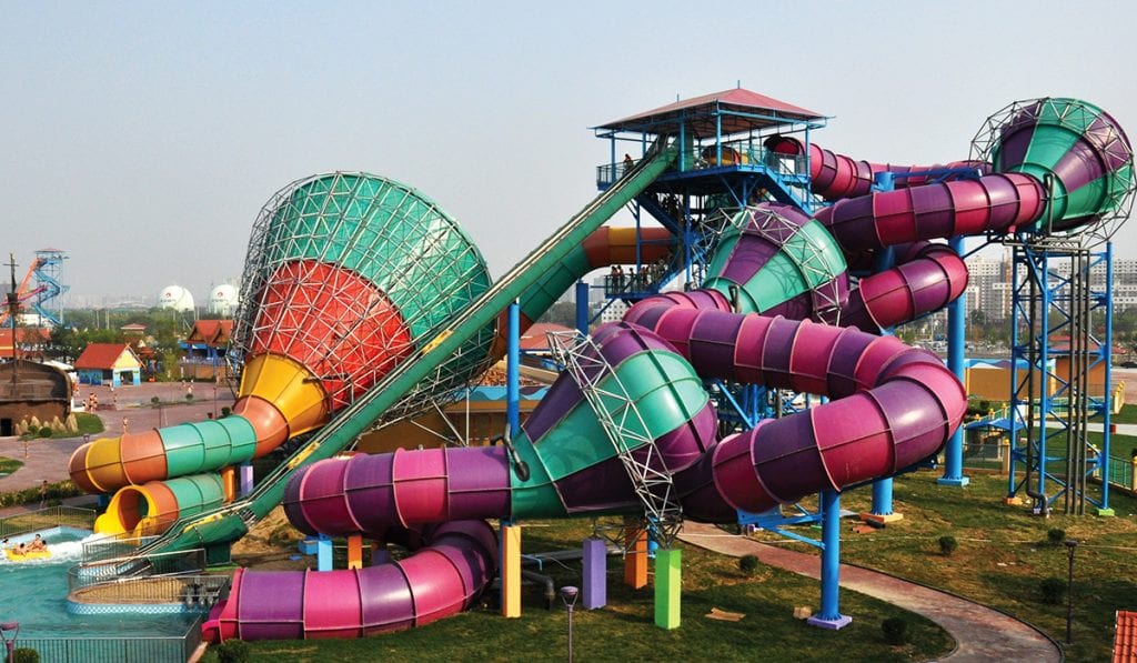 Landscape image of custom water slide complex