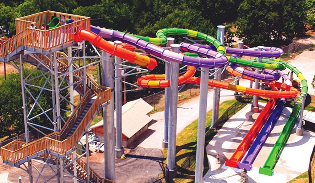 Arial view of three looping water slides