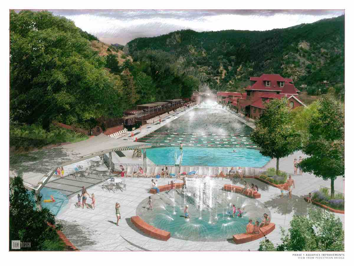 Pedestrian bridge view of new aquatic area at Glenwood Hot Springs resort Rendering by DHM Design 