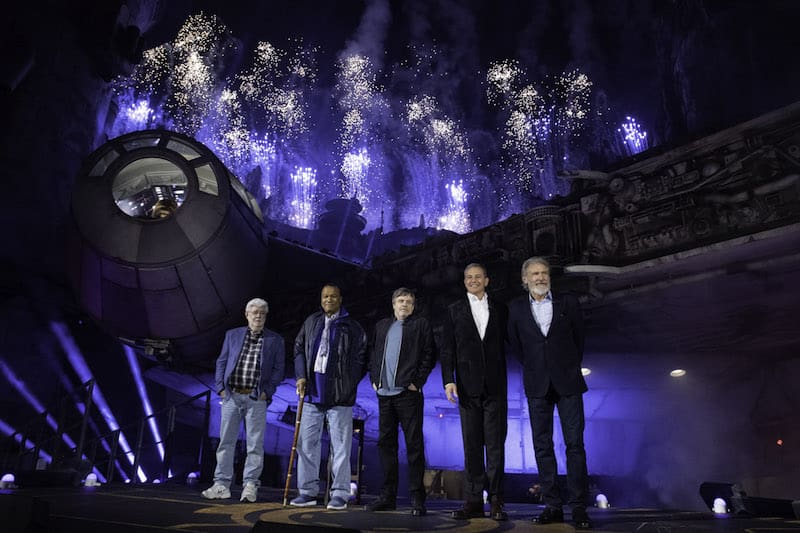 Star Wars: Galaxy’s Edge at Disneyland Park in Anaheim, California, lights up with galactic fanfare, May 29, 2019, as (l-r) Star Wars creator George Lucas, actors Billy Dee Williams, Mark Hamill, Walt Disney Company Chairman and CEO Bob Iger and actor Harrison Ford celebrate the opening Disney’s largest single-themed land expansion ever. Star Wars: Galaxy’s Edge opens May 31, 2019, at Disneyland Resort in California and Aug. 29, 2019, at Walt Disney World Resort in Florida. (Richard Harbaugh/Disneyland Resort)