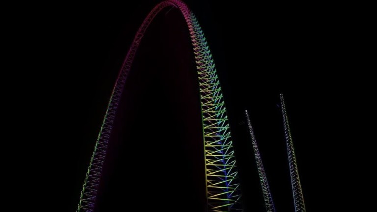 Skycoaster lit up at night