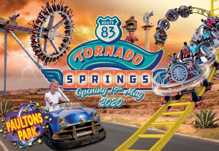 MK Themed Attractions Tornado Springs poster with cars and rides