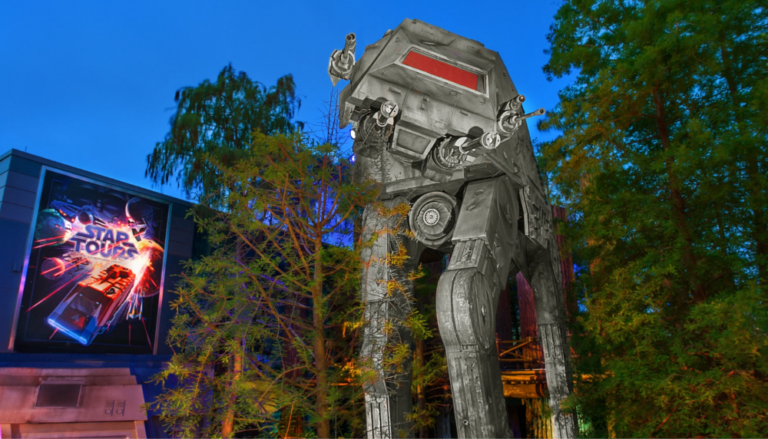 Exterior of Star Tours ride at night Walt Disney World