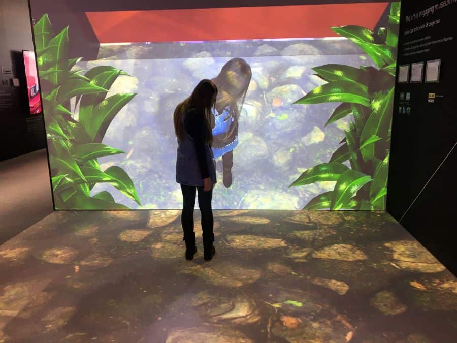 Women stands in middle of Panasonic virtual museum projection mapping at ISE