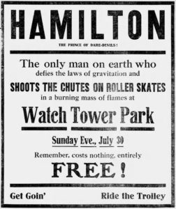 newspaper coverage of daredevil stunt at Black Hawks Watch Tower shoot the chute attraction