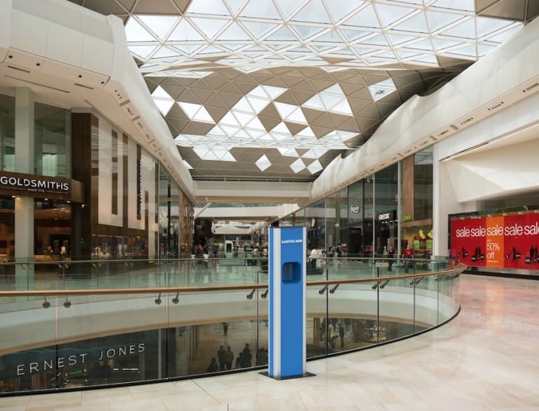 Sanitise Now free standing foam dispenser in mall