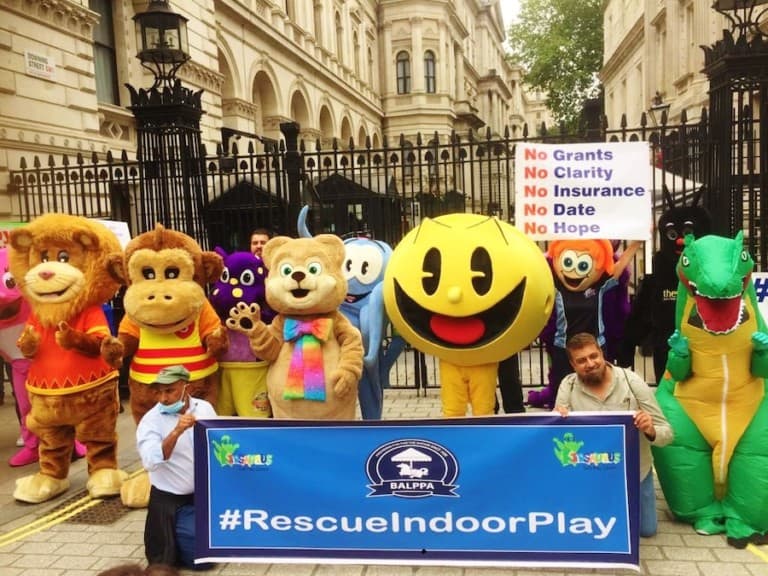 Indoor Play Mascots protesting outside Downing Street