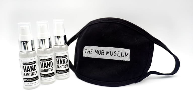 Hand sanitiser and mask created by the Mob Museum