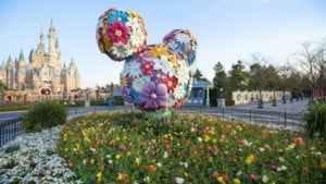 Shanghai Disneyland castle with flowers in front