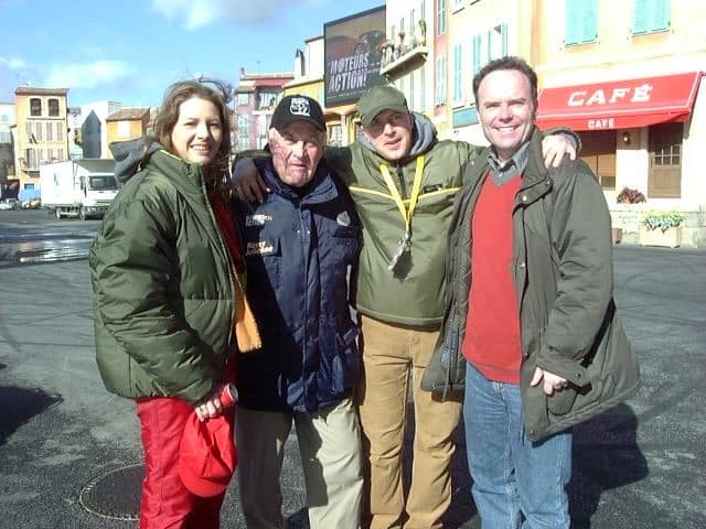 Steve Tatham with famous French stunt designer Remi Julienne and team during rehearsals at Lights, Moteurs, Action! At Walt Disney Studios Paris, 2001