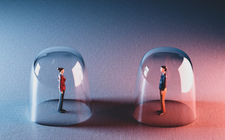 Man and woman meet from behind glassy bubbles. Social distancing in coronavirus pandemic. 3D illustration