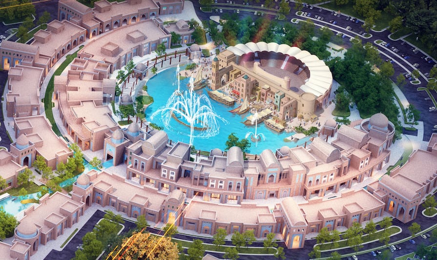 Rendering of a bird's eye view of the Karavan Saray boardwalk and water feature