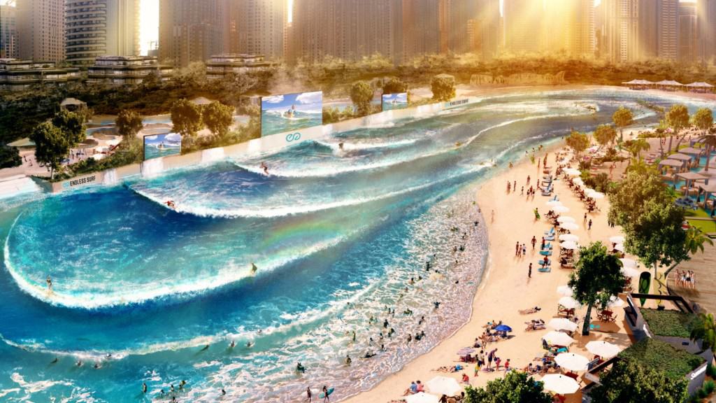 Rendering of WhiteWater West's endless surf attraction, with a beach and artificial waves