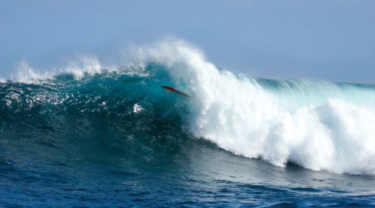 A surfer falls into a big wave, as their board shoots skyward.