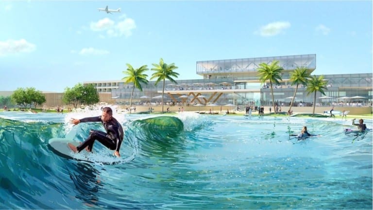 Rendering of Surftown wave pool featuring surfer