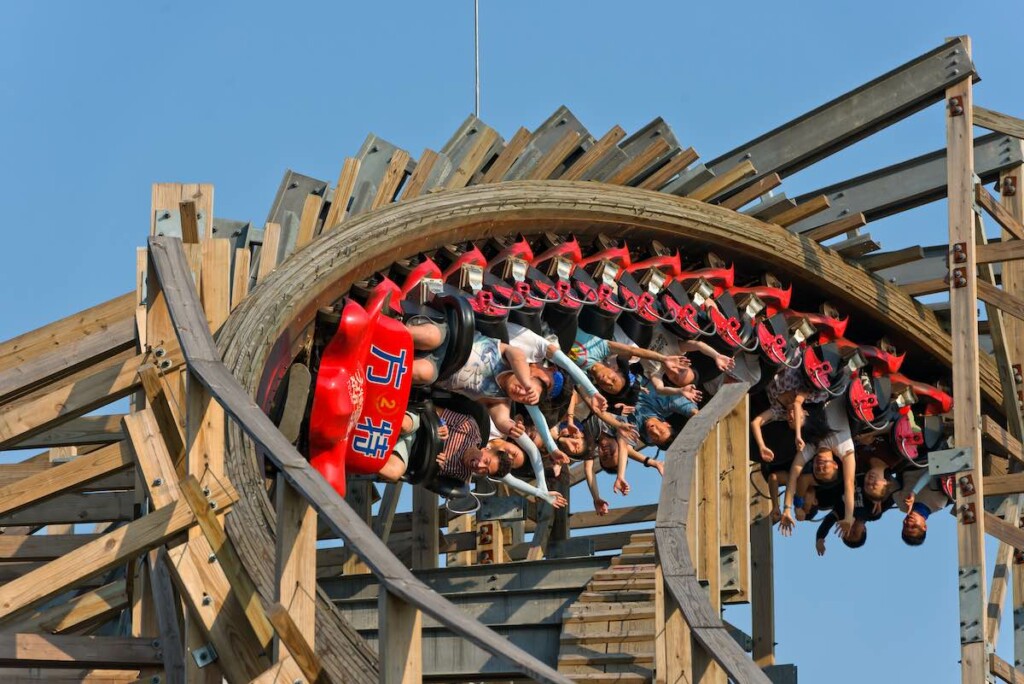 Guests upside down on Martin & Vleminckx's wooden coaster in Ningbo