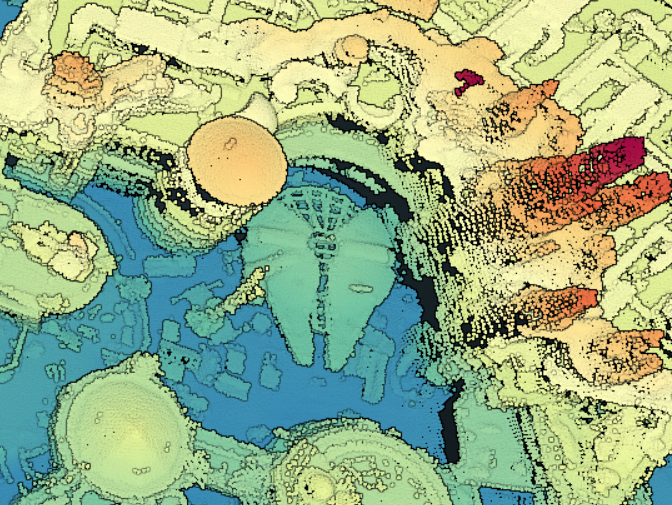 3D point cloud colored by elevation of the Millennium Falcon in Star Wars: Galaxy’s Edge