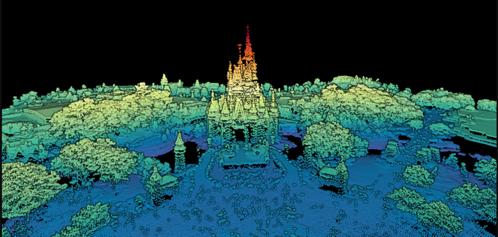 Lidar 3D point cloud colored by elevation of Cinderella’s Castle at the Magic Kingdom