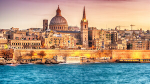 Valletta, Malta: skyline from Marsans Harbour at sunset