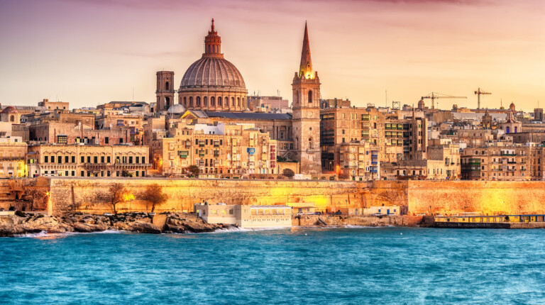 Valletta, Malta: skyline from Marsans Harbour at sunset