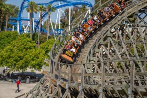 Gold Striker rollercoaster descending first drop at California's Great America amusement park by great coasters international