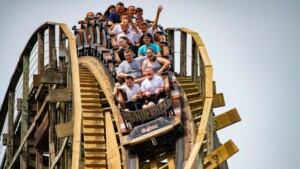 Guests on Thunderhead rollercoaster by great coasters international