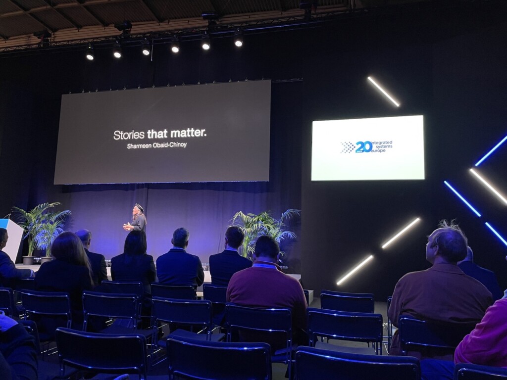 Sharmeen Obaid-Chinoy giving a keynote at ISE 2024