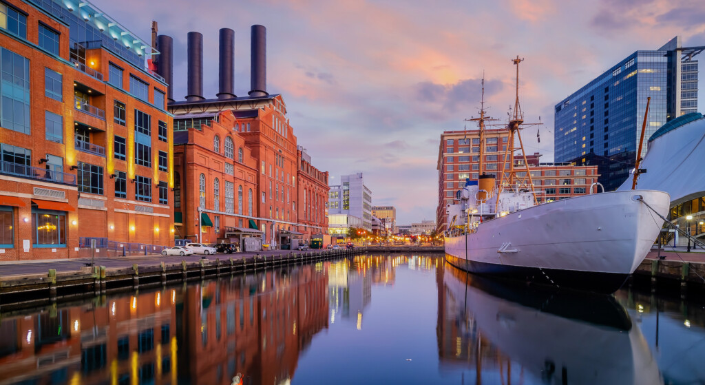 Downtown Baltimore city skyline , cityscape in Maryland USA at twilight
