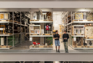 View of Weston Collections Hall, which features over 100 mini curated displays, at V&A East Storehouse. Image by Kemka Ajoku for V&A