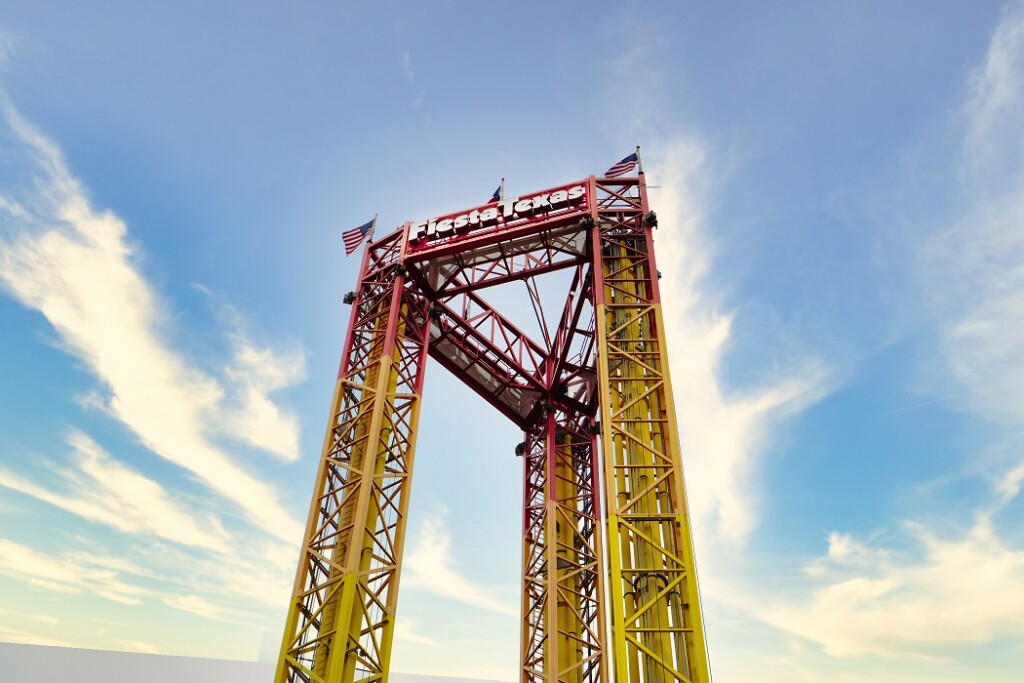 Six Flags Fiesta Texas Triple Tower with clouds