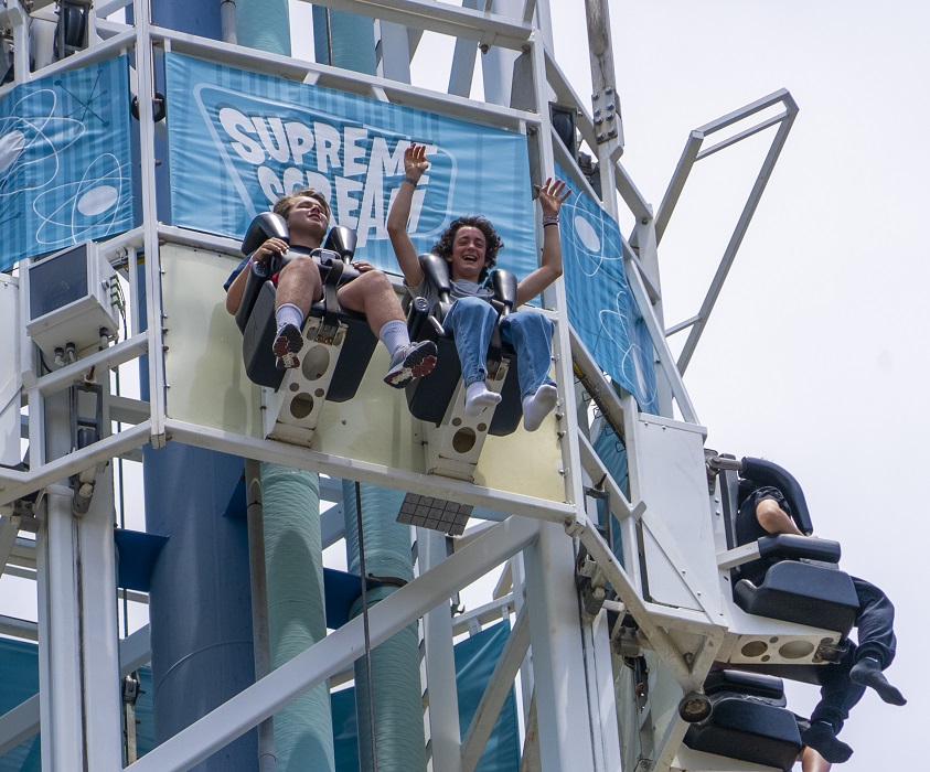 Two riders float on Knott's Berry Farm's Supreme Scream